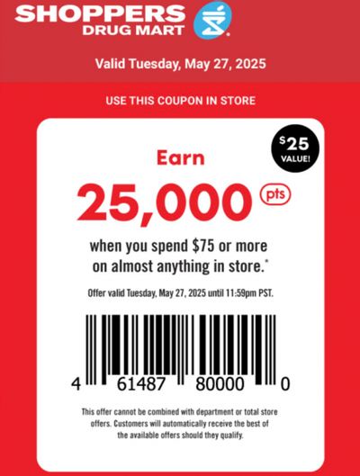 Shoppers Drug Mart Canada Tuesday Text Offer: Get 25,000 PC Optimum Points When You Spend $75 or More