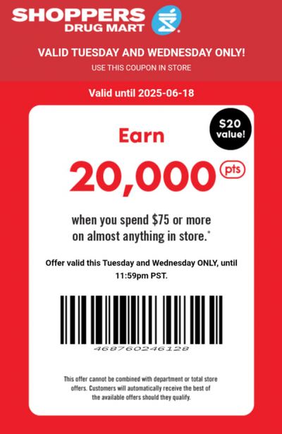 Shoppers Drug Mart Canada Text Offer: Get 20,000 Points When You Spend $75 June 17 & 18th Shoppers Drug Mart Canada Text Offer: Get 20,000 Points When You Spend $75 June 17 & 18th