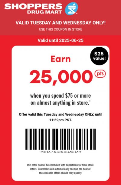 Shoppers Drug Mart Canada Text Offer: Get 25,000 PC Optimum Points When You Spend $75 June 24th & 25th