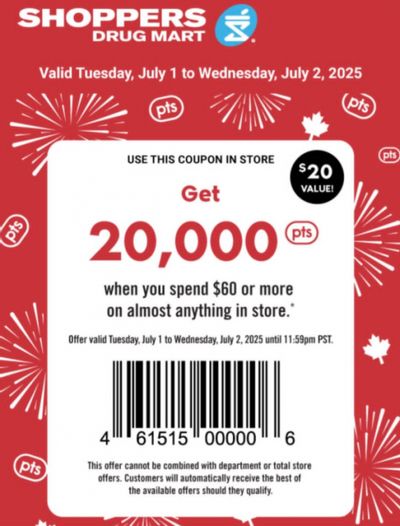 Shoppers Drug Mart Canada Text Offer: 20,000 PC Optimum Points When You Spend $60 or More July 1st and 2nd Shoppers Drug Mart Canada Text Offer: 20,000 PC Optimum Points When You Spend $60 or More July 1st and 2nd