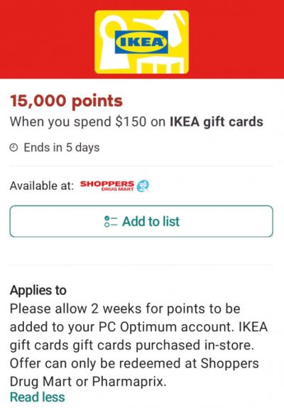 Shoppers Drug Mart Canada PC Optimum Offers: 15,000 Points When You Spend $150 on IKEA Gift Cards