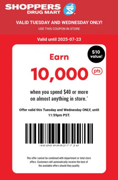 Shoppers Drug Mart Canada Text Offer: Get 10,000 PC Optimum Points When You Spend $40 July 22nd & 23rd