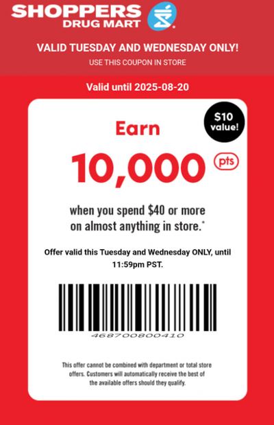 Shoppers Drug Mart Canada Tuesday Text Offer: Get 10,000 PC Optimum Points When You Spend $40