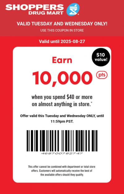 Shoppers Drug Mart Canada Text Offer: Get 10,000 PC Optimum Points When You Spend $40 August 26th & 27th