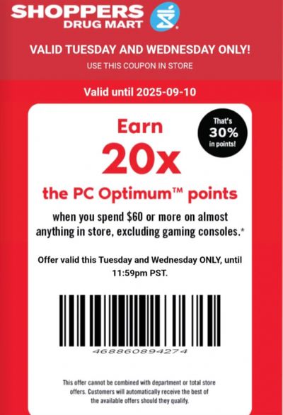 Shoppers Drug Mart Canada Tuesday Text Offer: 20x The PC Optimum Points When You Spend $60 or More September 9th & 10th