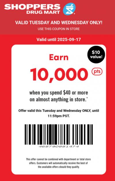 Shoppers Drug Mart Canada Text Offer: 10,000 Points When You Spend $40 September 16th & 17th