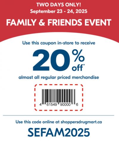 Shoppers Drug Mart Family & Friends Event: Save 20% off Regular Priced Merchandise September 23rd and 24th