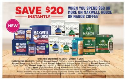 Sobeys and Safeway Canada: Save $20 Instantly When You Spend $50 on Nabob or Maxwell House Coffee