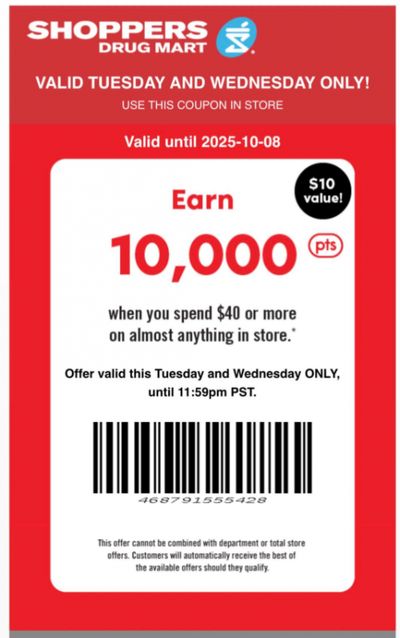 Shoppers Drug Mart Canada Text Offer: Get 10,000 PC Optimum Points When You Spend $40 October 7th & 8th