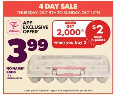 Loblaws Ontario: No Name Eggs $3.99 + 2,000 points When You Buy 2 Until October 12th