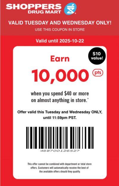 Shoppers Drug Mart Text Offer: 10,000 Points When You Spend $40 October 21st & 22nd