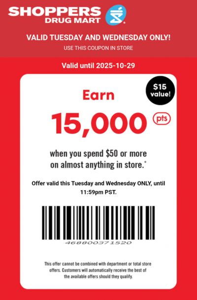 Shoppers Drug Mart Canada Text Offer: 15,000 PC Optimum Points When You Spend $50 October 28th & 29th