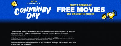 Cineplex Community Day: Free Movies and $3 Concessions November the 15th