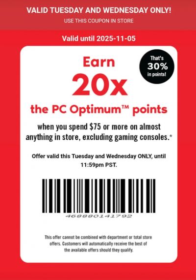 Shoppers Drug Mart Text Offer: 20x The PC Optimum Points When You Spend $75 November 4th and 5th