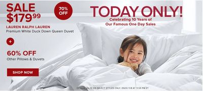 Hudson’s Bay Canada One Day Sale: Today, Save 70% Lauren Ralph Lauren Premium White Duck Down Queen Duvet + 60% Off Other Select Pillows & Duvets