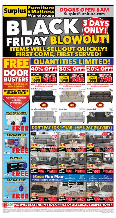 Surplus Furniture & Mattress Warehouse (Dartmouth, Charlottetown, Moncton, Saint John, Fredericton) Flyer November 24 to 30