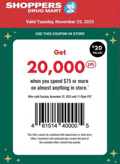 Shoppers Drug Mart Canada Text Offer: Get 20,000 PC Optimum Points When You Spend $25 Or More