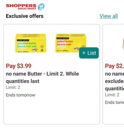 Shoppers Drug Mart Canada Flash Sale: Pay $3.99 For No Name Butter and $2.99 for No Name Eggs