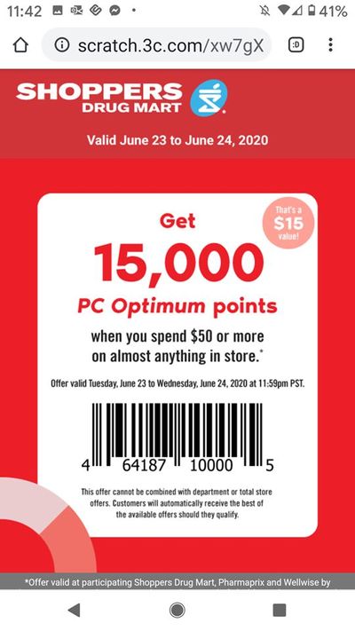 Shoppers Drug Mart Canada Tuesday Text Offer: Get 15,000 PC Optimum Points When You Spend $50