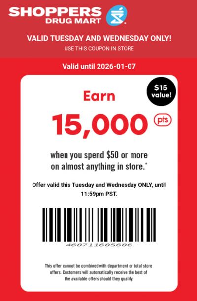 Shoppers Drug Mart Canada Text Offer: Get 15,000 Points When You Spend $50 January 6th & 7th