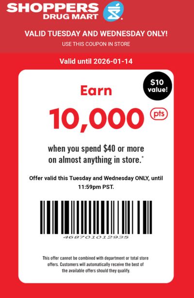 Shoppers Drug Mart Canada Text Offer: Get 10,000 PC Optimum Points When You Spend $40 January 13th & 14th