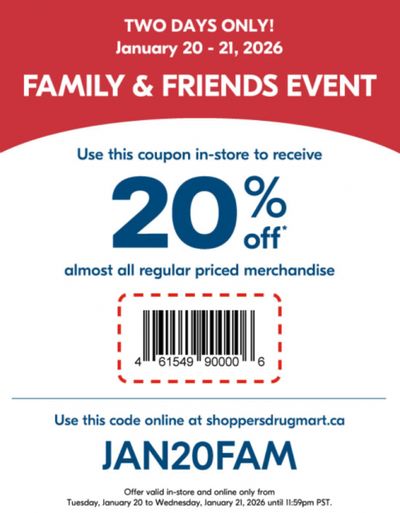 Shoppers Drug Mart Canada Family & Friends Event: Get 20% off Regular Priced Items January 20th & 21st
