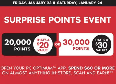 Shoppers Drug Mart Canada Surprise Points Event: Get 20,000 or 30,000 Points When You Spend $60 January 23rd & 24th