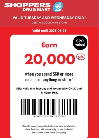 Shoppers Drug Mart Canada Text Offer: 20,000 PC Optimum Points When You Spend $60 January 27th & 28th