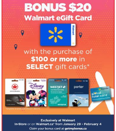 Walmart Canada: Get a Bonus $20 Walmart eGift When You Purchase $100 or more in Select Gift Cards