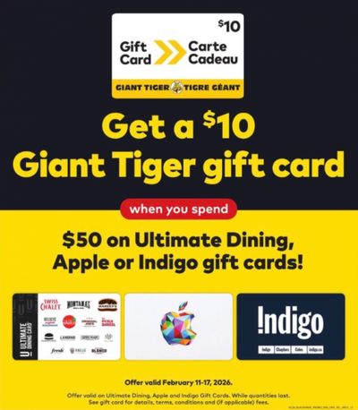 Giant Tiger Canada: Get A $10 Gift Card When You Buy a $50 Ultimate Dining, Indigo, or Apple Gift Card