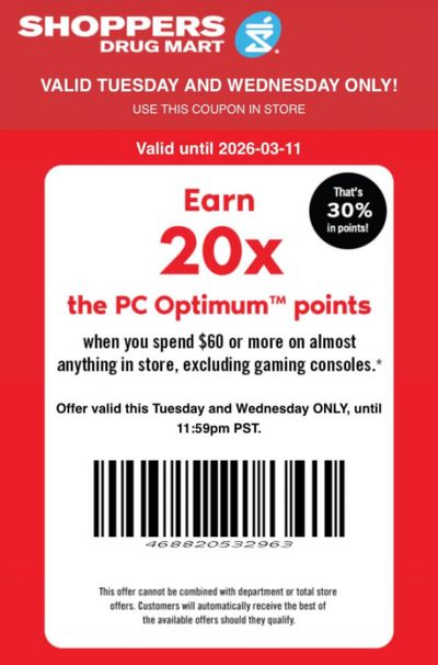 Shoppers Drug Mart Canada Text Offer: 20x The PC Optimum Points When You Spend $60 March 10th & 11th