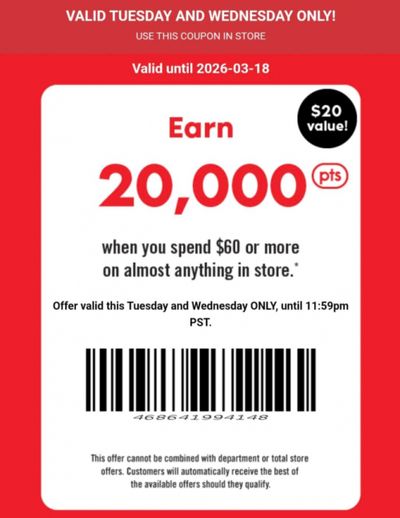 Shoppers Drug Mart Canada Text Offer: Earn 20,000 PC Optimum Points When You Spend $60 March 17th & 18th