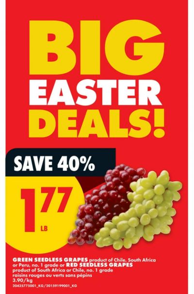 No Frills Ontario Easter Deals March 26th – April 1st: Red or Green Seedless Grapes $1.77/lb + More
