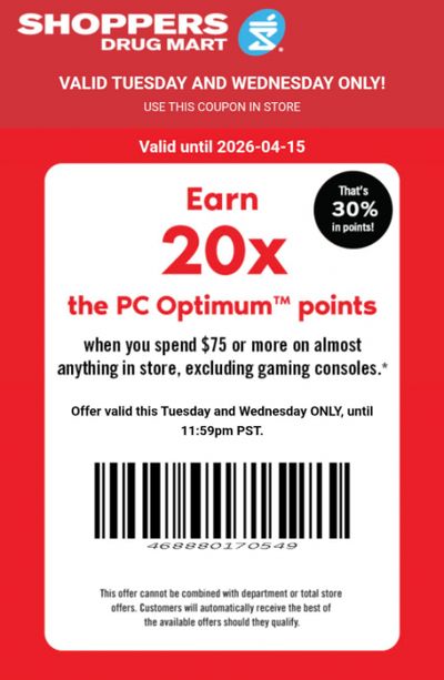 Shoppers Drug Mart Canada Text Offer: Get 20x The PC Optimum Points When You Spend $75