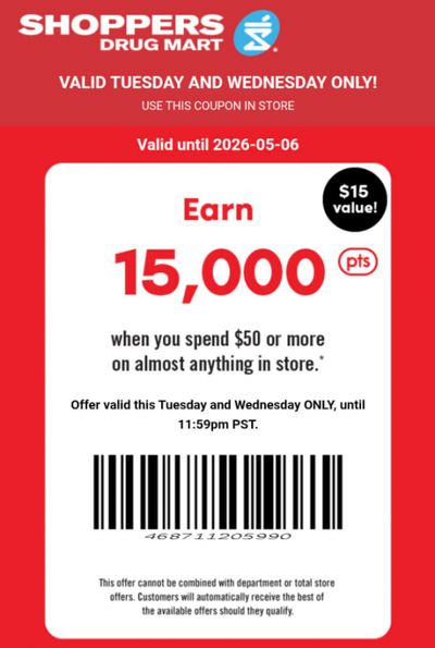 Shoppers Drug Mart Canada Text Offers May 5th & 6th: Get 15,000 PC Optimum Points When You Spend $50