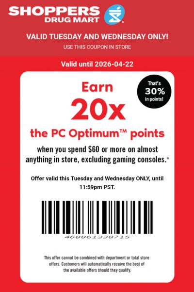 Shoppers Drug Mart Canada Text Offer: 20x The PC Optimum Points When You Spend $60 May 12th & 13th