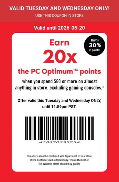 Shoppers Drug Mart Canada Text Offer: 20x The Points When You Spend $60 May 19th & 20th