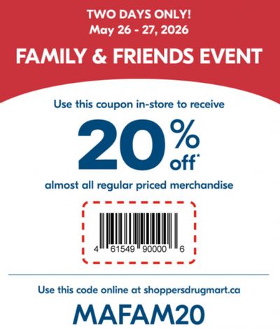 Shoppers Drug Mart Canada Family & Friends Event May 26th and 27th: Save 20% on Regular Priced Merchandise + More
