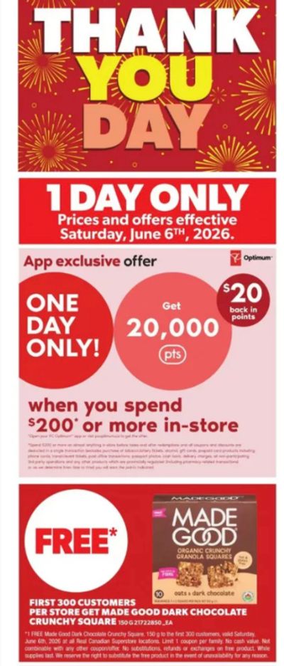 Real Canadian Superstore Store Ontario Thank You Day: 20,000 PC Optimum Points When You Spend $200 June 6th + Free Made Good Bars & Poppi