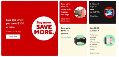 Staples Canada: Save $50 When You Spend $200 With Promo Code Until June 3rd