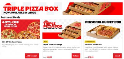 Pizza Hut Canada Coupons Deals: Enjoy 40% Off Medium & Large Pizzas + Triple Pizza Box + More