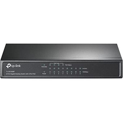 TP-Link 8-Port Gigabit PoE Switch, 4 PoE+ Ports, 64W, Fanless, Black