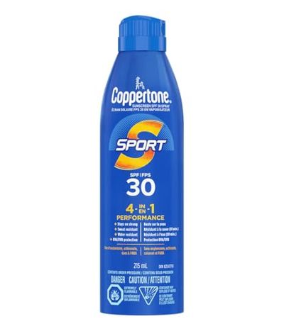 Coppertone Sport Sunscreen Spray SPF 30, 4-in-1 Performance, Sweat and Water Resistant Spray Sunscreen Broad Spectrum SPF 30 UVA/UVB Protection, Oxybenzone Free, 215mL