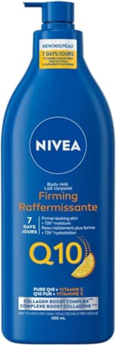 NIVEA Q10 Firming Body Milk, Lotion for Women with Q10 and Vitamin C, 72-Hour Body Moisturizer for Dry to Very Dry Skin Types, Quick-Absorbing, 500 mL Bottle
