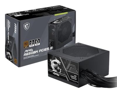 MSI MAG A650BN PCIE5 III, Non Modular Gaming 650W Power Supply, 80+ Bronze, Dual 12V-2x6 Cables, Server-Grade Capacitor, ATX 3.1 & PCIe 5.1 Ready, Low-Noise, Semi Digital, 5 Year Warranty