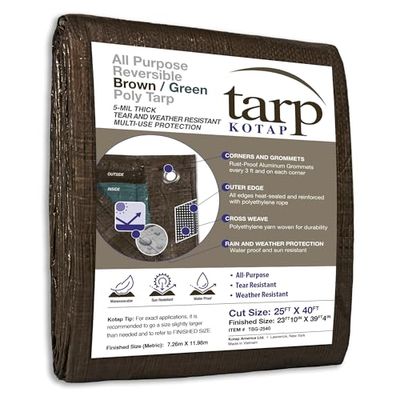 Kotap 25 x 40 Ft. All-Purpose Multi-Use Protection/Coverage 5-mil Poly Tarp, Reversible, Waterproof, Brown/Green, 1-Pack (TBG-2540)