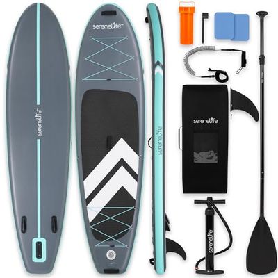 SereneLife 10’ Inflatable Stand Up Paddle Board with Premium SUP Accessories - 32” Wide Stable Design with Non-Slip EVA Deck Pad, for Youth and Adults, 350 lbs. Capacity