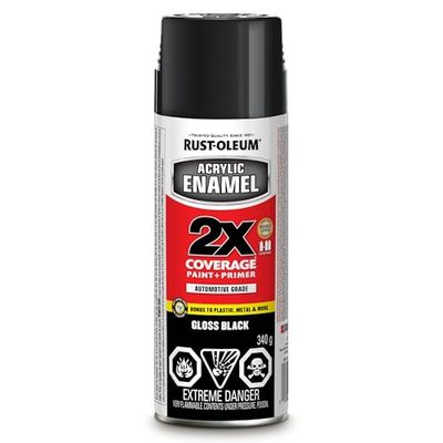 Rust-Oleum Acrylic Enamel Spray Paint, 2X Coverage Paint and Primer, Gloss Black, 340g, Automotive Grade