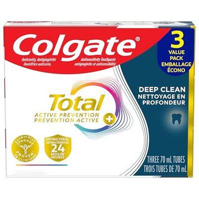 Colgate Total Active Prevention Plus Deep Clean Toothpaste, Anticavity Fluoride Toothpaste, Helps Clean Hard-to-Reach Areas and Freshens Breath, Mint, 3 Pack, 70 mL