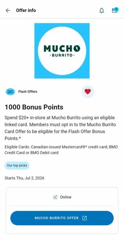 Mucho Burrito: 1000 ($6.66) blue rewards rebate on $20+ spend Thursday July 2-5
